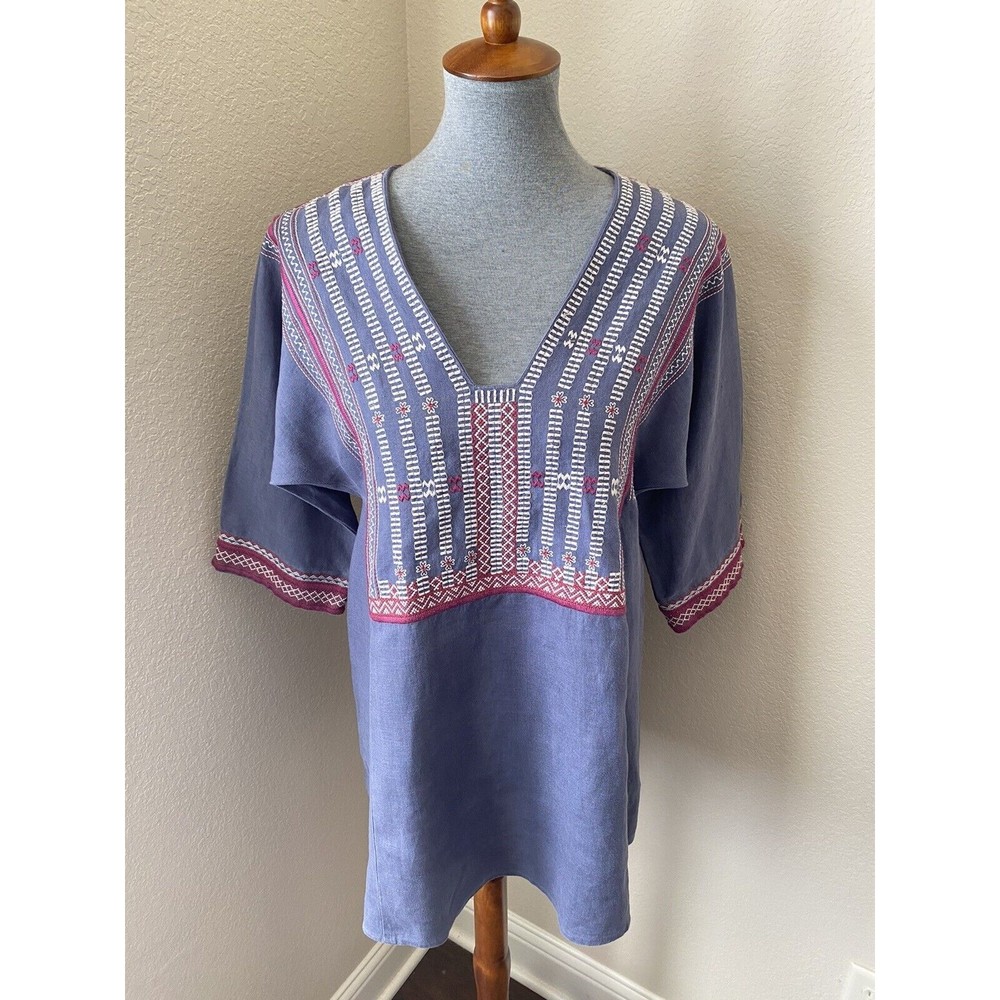 Cabi Size Small Vintage Blue Embroidered 3/4 Sleeve Tie-Back Linen Tunic Top